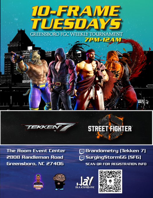 Tonight!

 Pull up to the latest iteration of 10 Frame Tuesdays!   Greensboro's FGC Weekly Tournament featuring

@StreetFighter 6 

and

@TEKKEN 7!  
Doors Open at 7, Bracket Starts at 8!  

Venue Fee - $10 

Tourney Fee - $5 per game  

PreReg: start.gg/10FT17