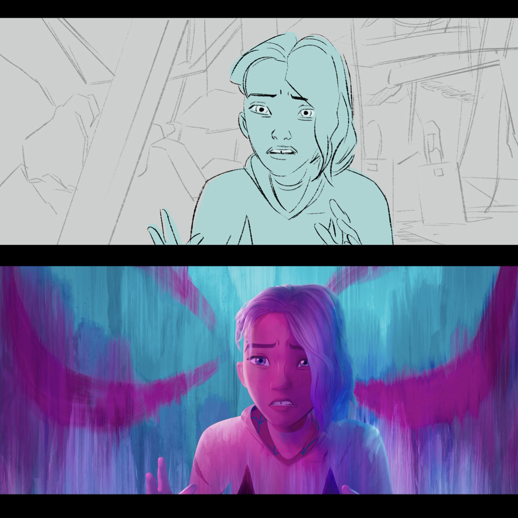 SonyAnimation's tweet photo. A glimpse behind the #SpiderVerse with boards vs. final frames by Head of Story @octavio991. https://t.co/YaqmHW1ZiJ