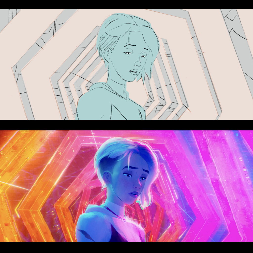 SonyAnimation's tweet photo. A glimpse behind the #SpiderVerse with boards vs. final frames by Head of Story @octavio991. https://t.co/YaqmHW1ZiJ