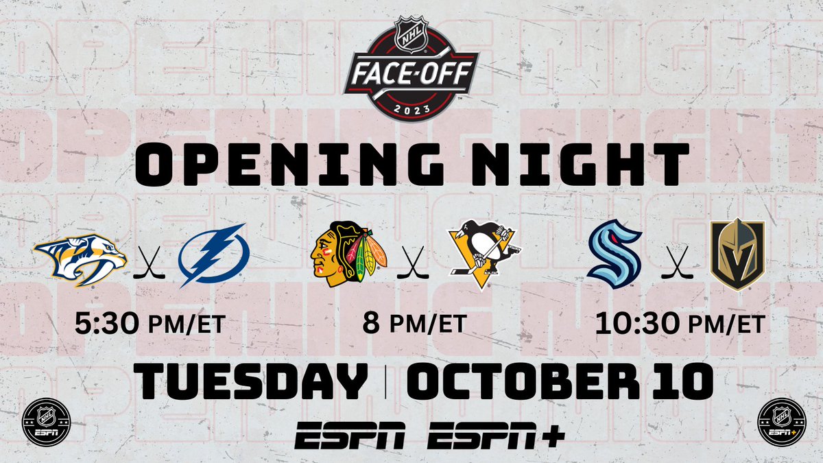 Oct. 10, the puck drops on the 2023-2024 #NHL season with an opening night tripleheader on ESPN & @ESPNPlus

🏒 5:30p ET | #Smashville-#GoBolts
🏒 8p ET | #Blackhawks-#LetsGoPens
🏒 10:30p ET | #SeaKraken-#VegasBorn

More: bit.ly/43Yv2NJ