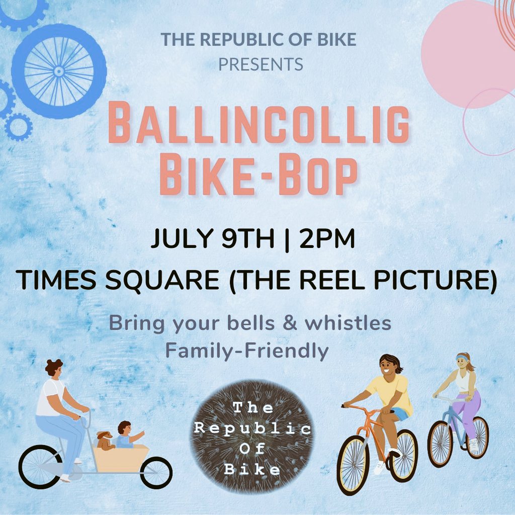 rep_of_bike's tweet photo. 📢 Whoop whoop, the #BikeBop is heading west 🥳. Join us on July 9th to celebrate all that is good about 🚴‍♂️'s &amp; 🎵. A family friendly cycle around Ballincollig with coffee &amp; chats to finish. Info below 👇. https://t.co/FrLGpg2PnQ