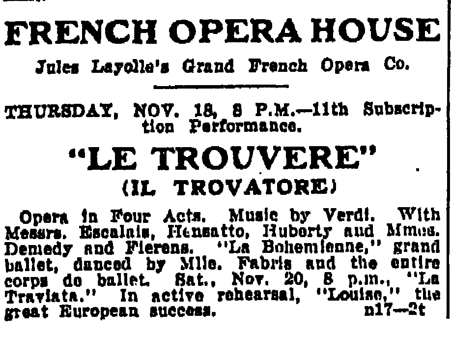 1/The French Opera House was the crowning jewel in the Creole cultural firmament. Except on rare occasions, or in the case of visiting troupes, the operas were all performed in French and the audience knew the lyrics by heart and understood everything that was happening on stage.