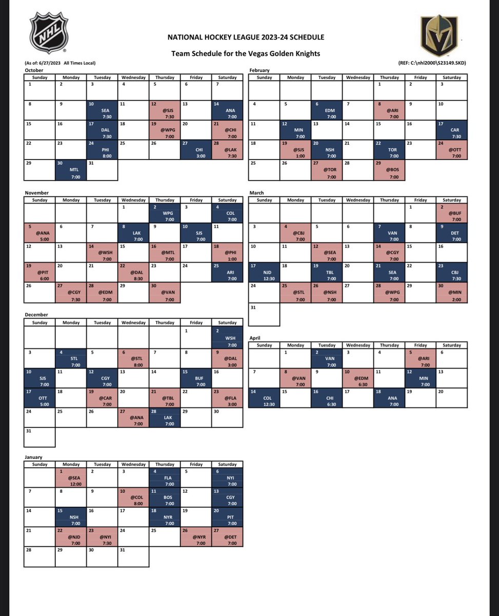 Jesse Granger on Twitter "Golden Knights full 202324 schedule"