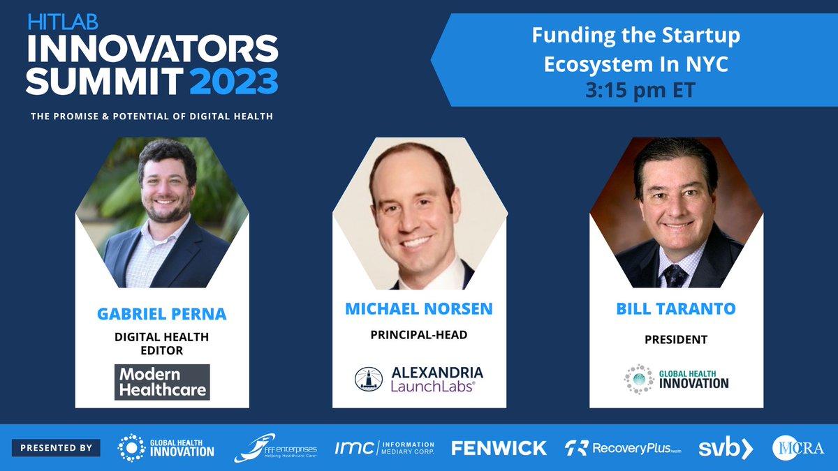 HITLABnyc's tweet image. Live now! Panel discussion with Gabriel Perna of Modern Healthcare, Michael Norsen of Alexandria LaunchLabs, Bill Taranto of Merck on funding the startup ecosystem in NYC. #HITLABSummit hitlab.org/summit/