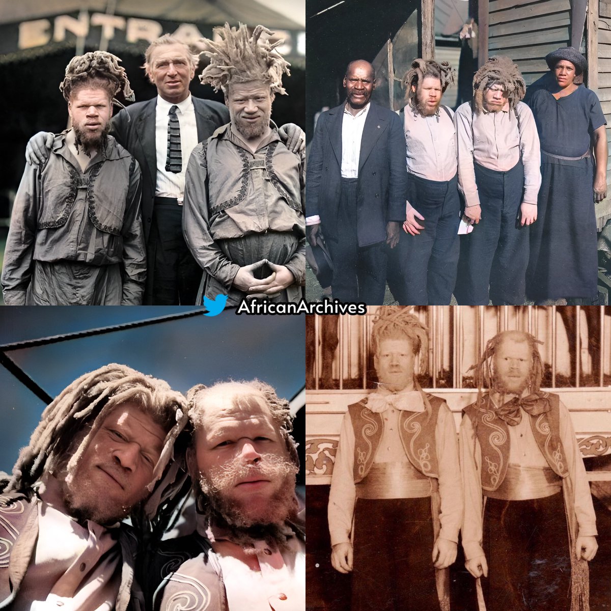 These are the Muse Brothers. Their biological names are George and Willie Muse. They were two albino brothers; In 1899 they were kidnapped as boys in Truevine, Virginia by bounty hunters and were forced into the circus, labeled as “freak show” performers. Their owners showcased