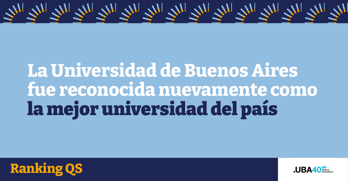 La UBA fue reconocida como la mejor universidad del país, y es la única de Argentina en el Top 100 mundial según el Ranking Global de universidades QS👏

✅Alcanzó el puesto 95° en el Ranking Global.

✅Es la única universidad pública, masiva y gratuita en alcanzar esta posición.