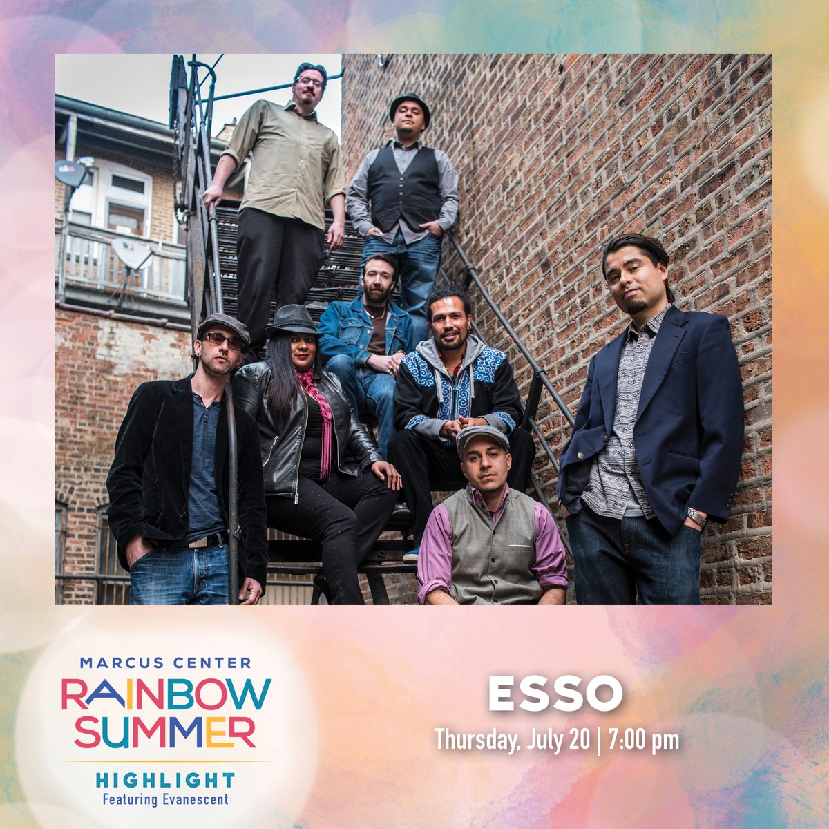 MarcusCenter's tweet photo. Rainbow Summer: HIGHLIGHT featuring Evanescent presents ESSO!
Effortlessly fusing Latin roots music with modern Americana, ESSO is a multicultural live music band hailing from Chicago. For more information about this event, click on the link below!🎷  
https://t.co/OI8HZU75s0 https://t.co/qHuK6hZstr