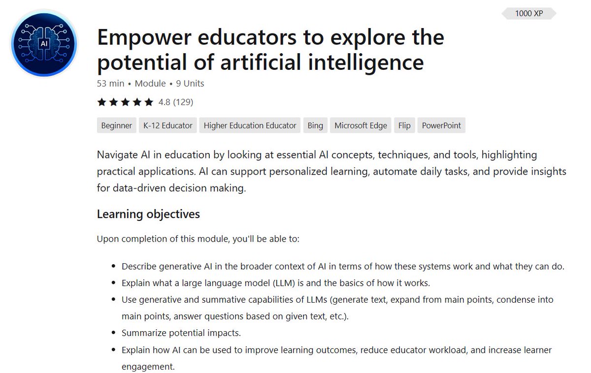 ICYMI, we’ve just launched a new "AI for Educators" course on Microsoft Learn 🚀 An incredible set of content, modules, &amp; videos. This course is a solid 101 level for AI in education.  

Great for Summer PD ☀️ learn.microsoft.com/en-us/training…

#ISTELive #cpchat #suptchat #MicrosoftEDU