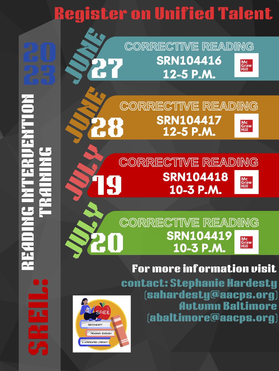 AACPS_PGD's tweet photo. Join us this summer for Corrective Reading, reading intervention professional development. Check out the flyer for details. #correctivereading #professionalgrowthanddevelopment #summerPD #readingintervention https://t.co/OEqQmTHyjf