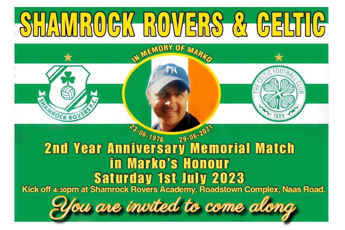 This is a great initiative raising awareness for cancer in memory of Marko  - we would encourage our Irish members to attend if possible <a href="/ShamrockRovers/">Shamrock Rovers FC</a> v <a href="/CelticFC/">Celtic Football Club</a> at 4.30pm this Sat 1 July at Shamrock Rovers Academy Roadstown Complex, Dublin