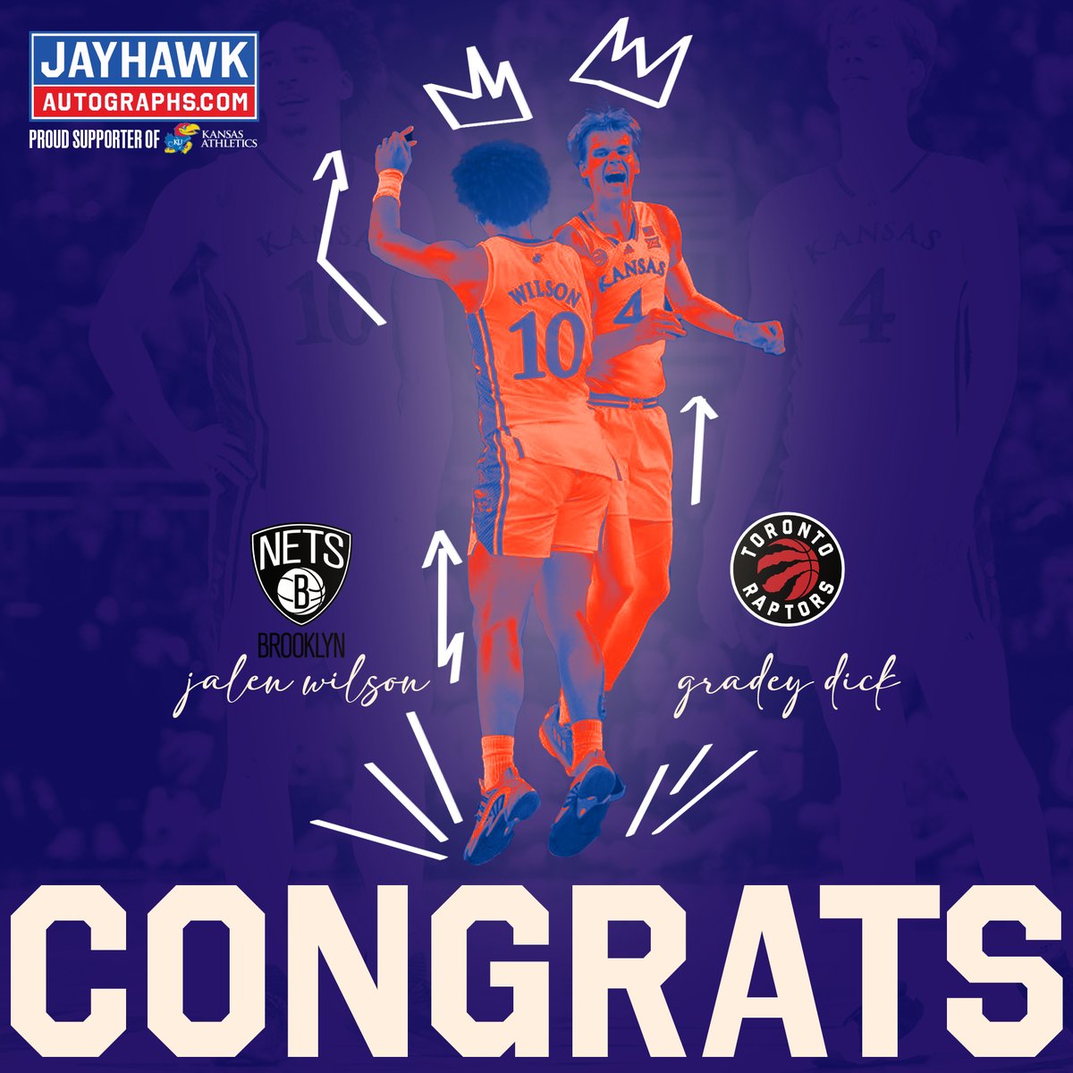 Congratulations to Gradey Dick and Jalen Wilson for being selected in the 2023 NBA Draft!

Gradey Dick is going to the Toronto Raptors, while Jalen Wilson will be joining the Brooklyn Nets! 🏀

#nbadraft #drafted #ku #jayhawkautographs #rcjh #torontoraptors #brooklynnets