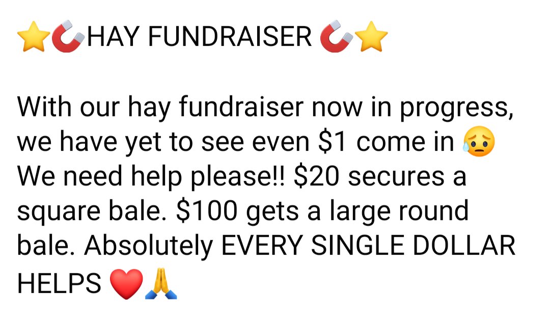 Here's the breakdown and what's needed :  

🎉Square bales : 8 @ $20 each
🎉Large round bales : 22 @ $100 each
🎉Grand total needed : $2,360 

** paypal.me/PRRHorseRescue

** cash.app/$PRRHorseRescue 

** Venmo
@PalominoRidgeRanchHorseRescue

#horserescue #fundraiser #donate #help