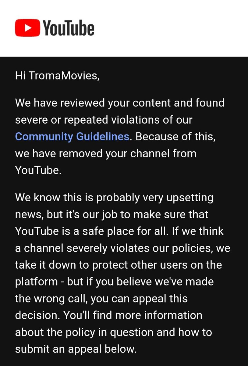 We have just found out that <a href="/YouTube/">YouTube</a> has banned our account without warning. We are filing an appeal and working to correct this. We’ve been around 50 years and will continue to stand up for free speech! <a href="/MuseumModernArt/">MoMA The Museum of Modern Art</a> and <a href="/MovingImageNYC/">Museum of the Moving Image</a> have come around to Troma so will YT!
