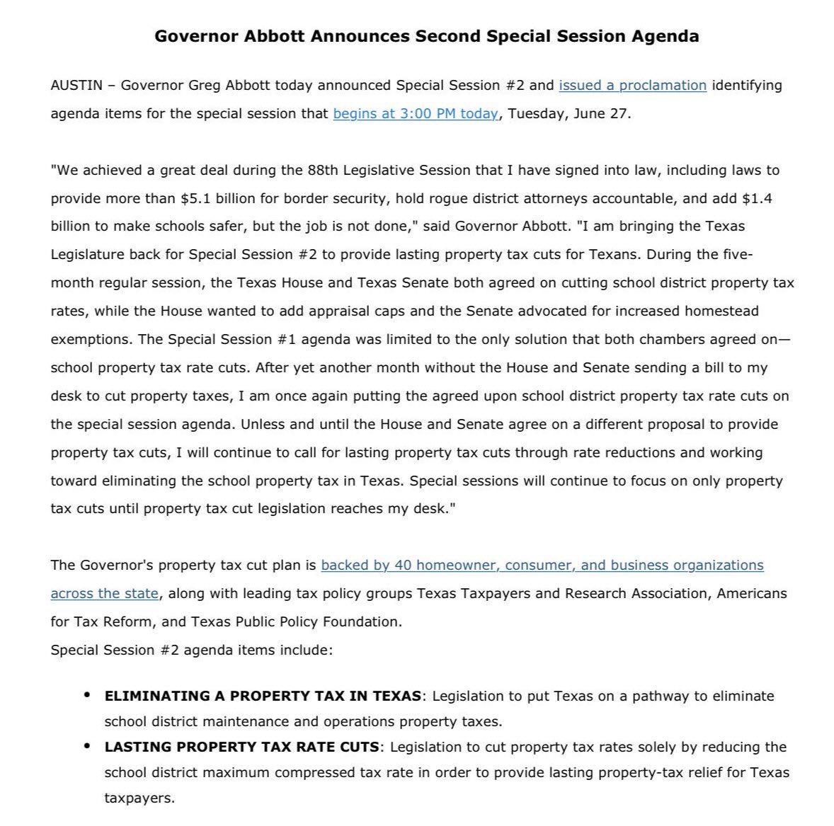 bradj_TX's tweet photo. Breaking: @GovAbbott calls 88(2) to begin today at 3 pm to consider property tax relief. #txlege https://t.co/IZrJV8rj7a