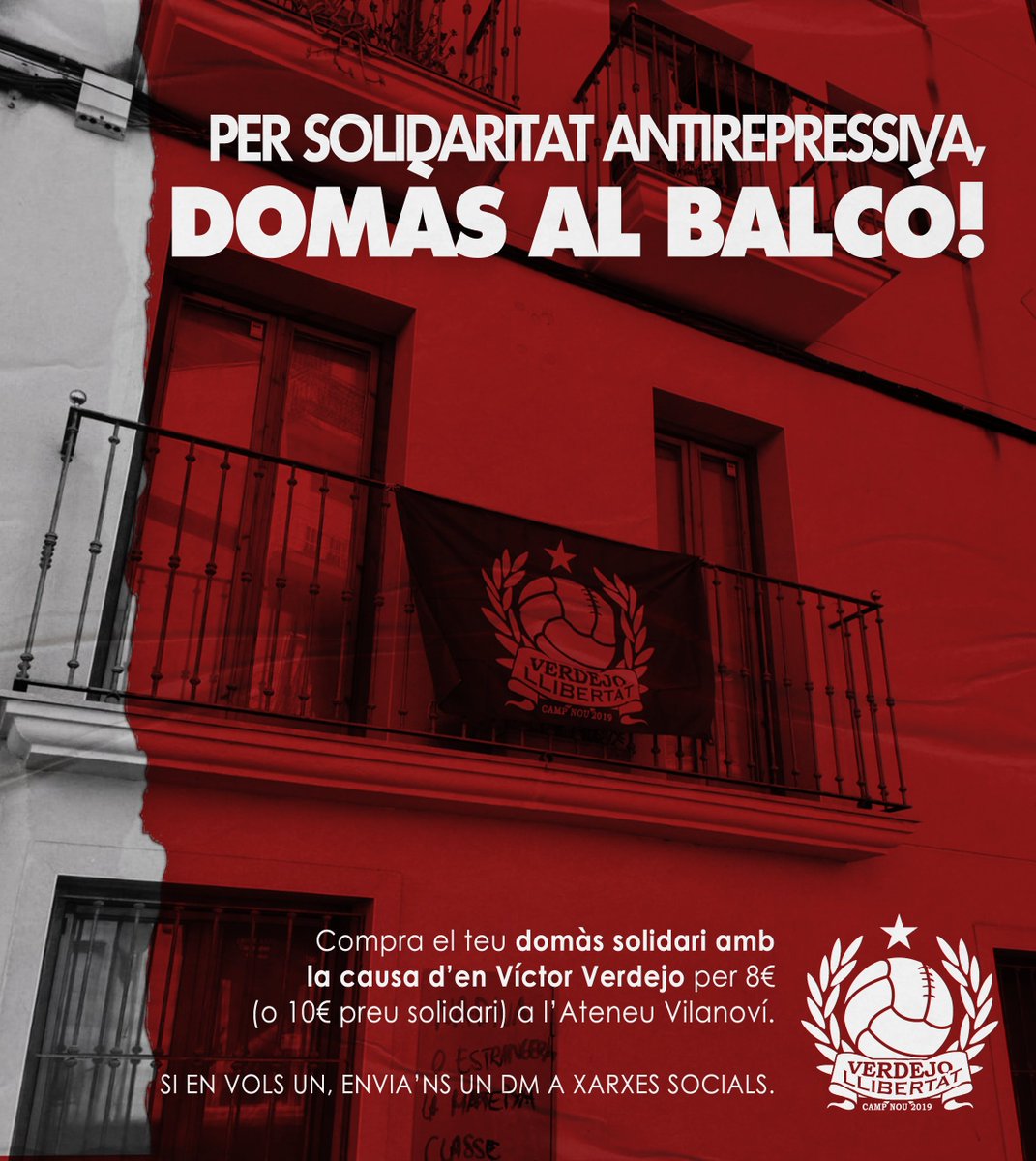 ‼️Aquest estiu, per solidaritat antirepressiva penja el domàs al balcó!
Per la protesta post-sentències al Camp Nou, al vilanoví Víctor Verdejo l'han condemnat a 3 anys de presó. ✊

Envia'ns un DM i demana la teva.
#VerdejoLlibertat