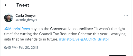 carla_denyer's tweet photo. @bristolgreen @ACORN_Bristol @BristolLibDems @TheBristolCable 20th Feb 2018 at @BristolCouncil budget meeting, Labour mayor responds to Conservative proposal to cut the Council Tax Reduction Scheme by saying it "wasn't the right time" to do so.

Screenshot is of my live tweet from the meeting.
Video recording here: https://t.co/bgf9TuXFSh https://t.co/83lmQhUWxK