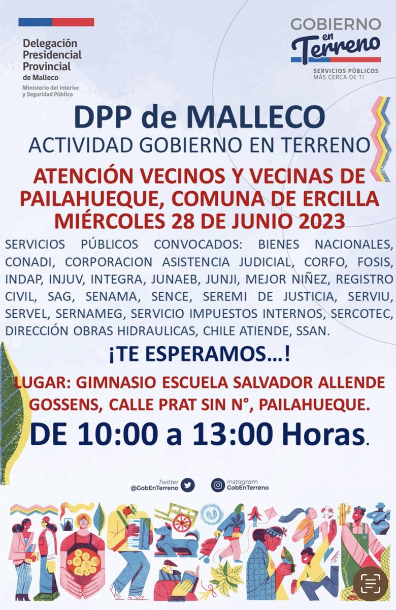 🎙 ATENCIÓN PAILAHUEQUE 🎙
Este Miércoles 28 de junio a partir de las 10 am hasta las 13:00 pm, se realizará una nueva jornada de Gobierno en Terreno.
Organiza 👉 Delegación  presidencial de Malleco.
Lugar :Gimnasio de la Escuela Salvador Allende Gossens, Prat S/N, Pailahueque.
