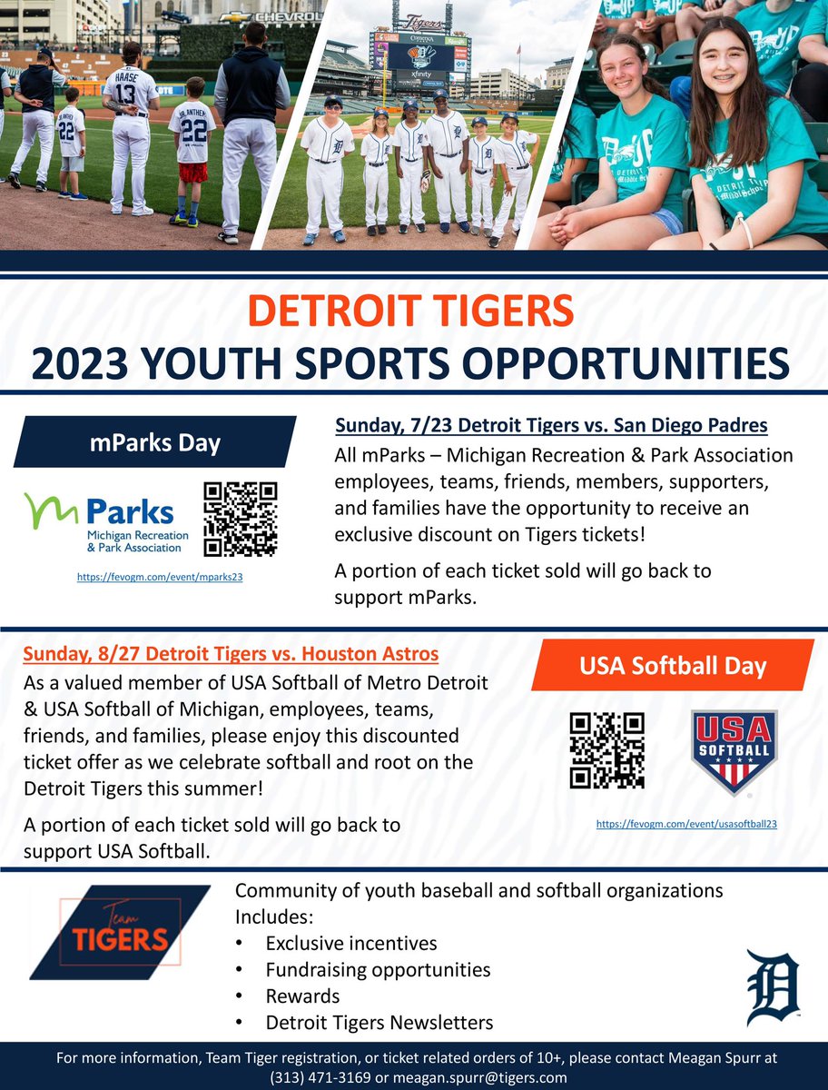 MetroDetroitASA's tweet photo. We are excited to partner with the @tigers to offer two opportunities to see a game for a discounted rate.  One is on July 23 in conjunction with @MiParksRec and the other is on Aug 27 for USA Softball Day!  Click on the picture for more details! https://t.co/70dKzEsPax