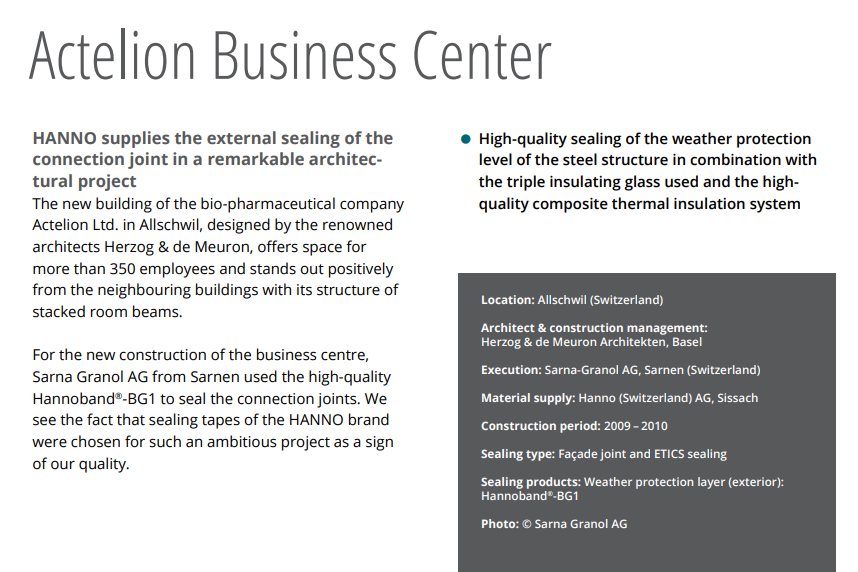 This week, we’re spotlighting Hanno Joint Sealing Tapes. Hanno’s Hannoband®-BG1 was used to seal the connection joints at the Actelion Business Center in Allshwil, Switzerland. Find Hanno at source2050.com/Hanno/ and check out Hanno case studies here: hanno.com/fileadmin/medi…