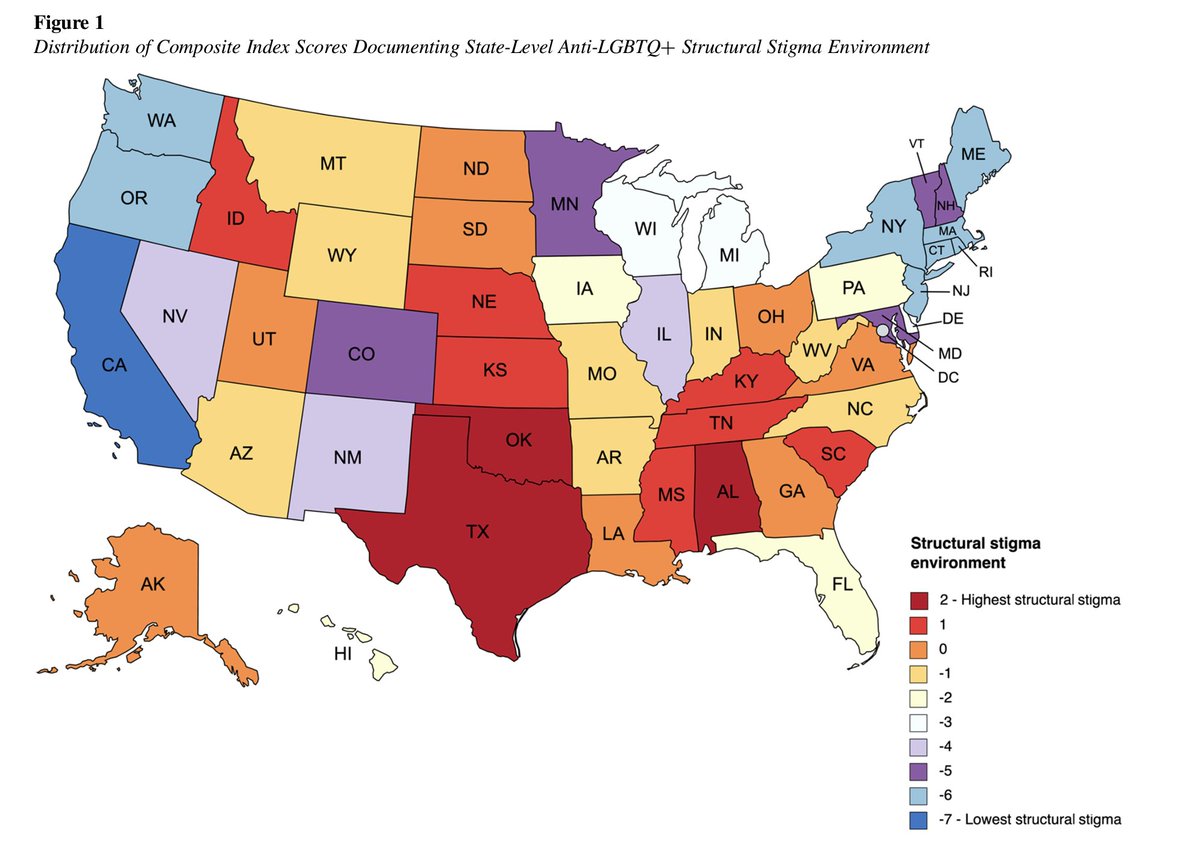 Researchers believe this map is the first youth-focused U.S. state-level measure of anti-LGBTQ+ structural stigma. Read more about the research, which links anti-LGBTQ+ policies to depression in Black and Latinx youth ⬇️ (1/4)