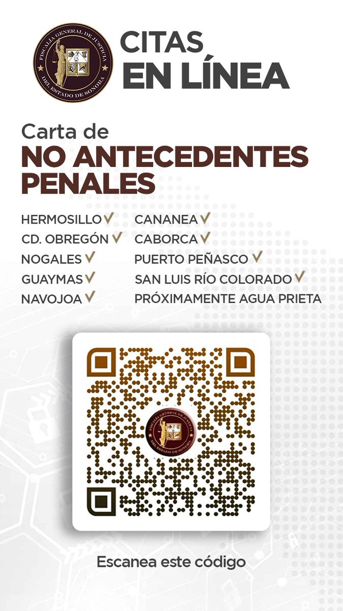 📄 ¿Necesitas tramitar tu Carta de No Antecedentes Penales?

Ahora el trámite es más rápido y sin largas filas. ¡Haz tu cita en línea!

Regístrate aquí 
➡️ cutt.ly/cHgar2F 
O escanea el Código QR

Servicio disponible en:
#Hermosillo ✅  
#Cajeme ✅
#Nogales ✅
#Guaymas ✅