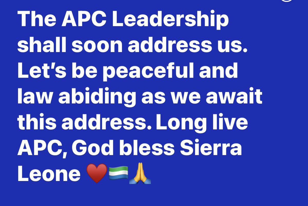 My fellow Comrades of the APC & my fellow compatriots (especially those who supported the APC & did vote Dr. Samura Kamara for President & the rest of our candidates for Parliamentary & Local Council elections), thank you, God bless you. Be reminded that all hope is not lost ♥️🇸🇱