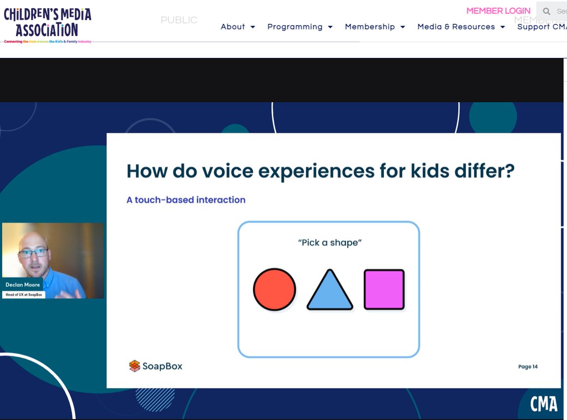 ShuliGilutz's tweet photo. Children's Media Association's @CMA online: Declan Moore, Head of #UX for @SoapboxLabs discusses #VUI for #kids: #Cognitiveload is important to consider &amp; test. Take the child through small steps to give control &amp; make them comfortable. This is better than open-ended actions. https://t.co/yQwGzBRkEw