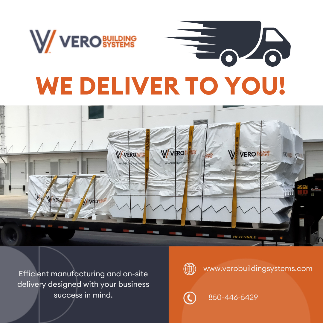 VeroBuilt's tweet photo. After manufacturing your panels, we package them on a flatbed truck to be delivered directly to your job site! We offer complimentary shipping within 500 miles of our manufacturing facility. Outside of 500 miles, there is a fee based on your order size and geographical location. https://t.co/g60W7MwLM8
