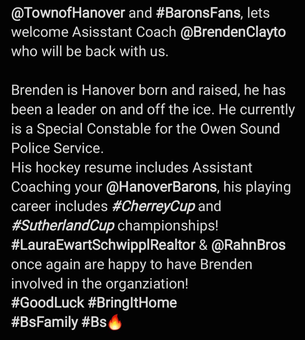 🚨 WELCOME BACK 🚨
@TownofHanover #BaronsFans
@BrendenClayto #CherreyCup #SutherlandCup
#LauraEwartSchwipplRealtor @RahnBros #GoodLuck #BringItHome
#BsFamily #Bs🔥