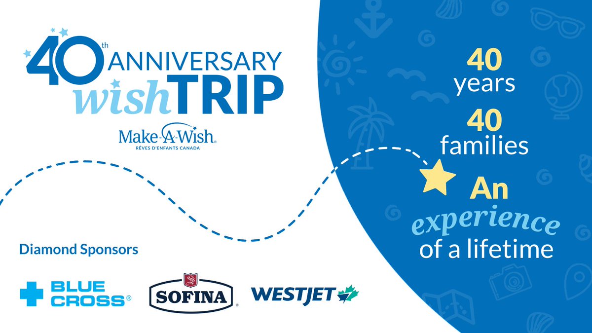 MakeAWishCA's tweet photo. This July, 40 wish families from across Canada will take a week-long group wish trip to mark our 40th Anniversary! We're grateful to our partners at @WestJet,Blue Cross and @sofina_foods for their support. For more info visit https://t.co/E1ISt8QJu5

#WishTrip40 https://t.co/IEYdSmyfz8