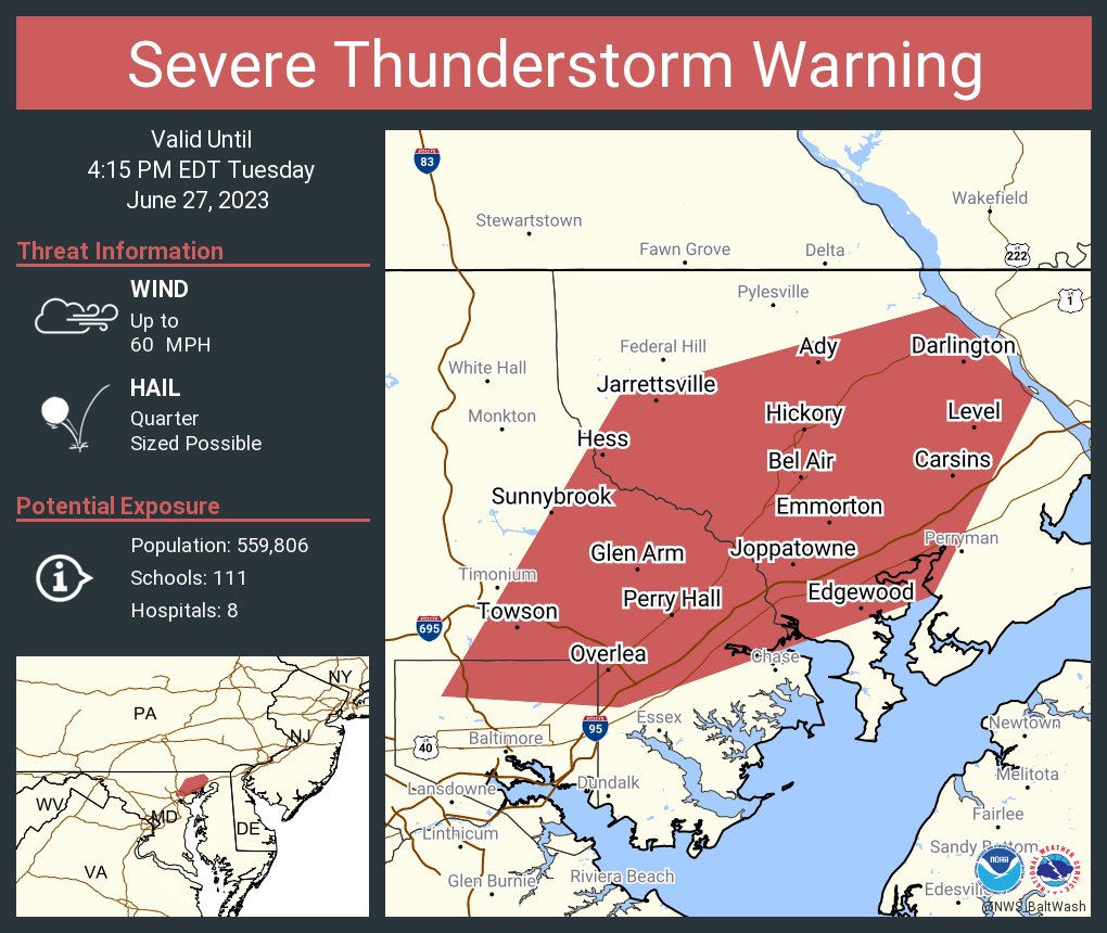 Severe Thunderstorm Warning including Towson MD, Parkville MD and  Carney MD until 4:15 PM EDT
