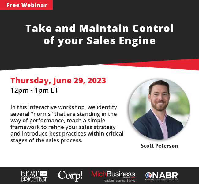 michbusiness's tweet photo. Join us Thursday, June 29th for a free webinar: Take and Maintain Control of your Sales Engine, with Scott Peterson.
Register here: https://t.co/IeJghOFFb8 https://t.co/TvQ2WlO2gh
