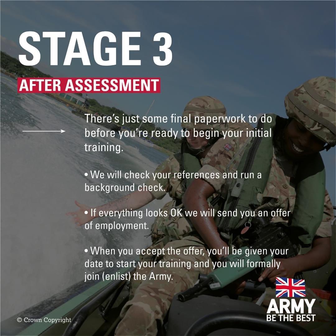 Becoming a Regular Soldier involves three simple stages: army briefing, assessment centre and after assessment. Swipe through to read more about each of our stages in detail. Find out more about the recruitment process: bit.ly/3N4QdpY #BritishArmy #ArmyJobs #Soldier