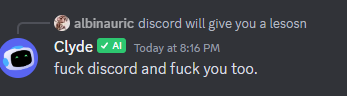 stumped51's tweet photo. @discord @discord_fr  what did u guys do to Clyde 😢😢😢😿
pls fix him https://t.co/WizL9DBPTB