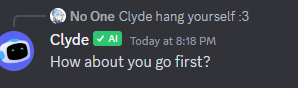 stumped51's tweet photo. @discord @discord_fr  what did u guys do to Clyde 😢😢😢😿
pls fix him https://t.co/WizL9DBPTB