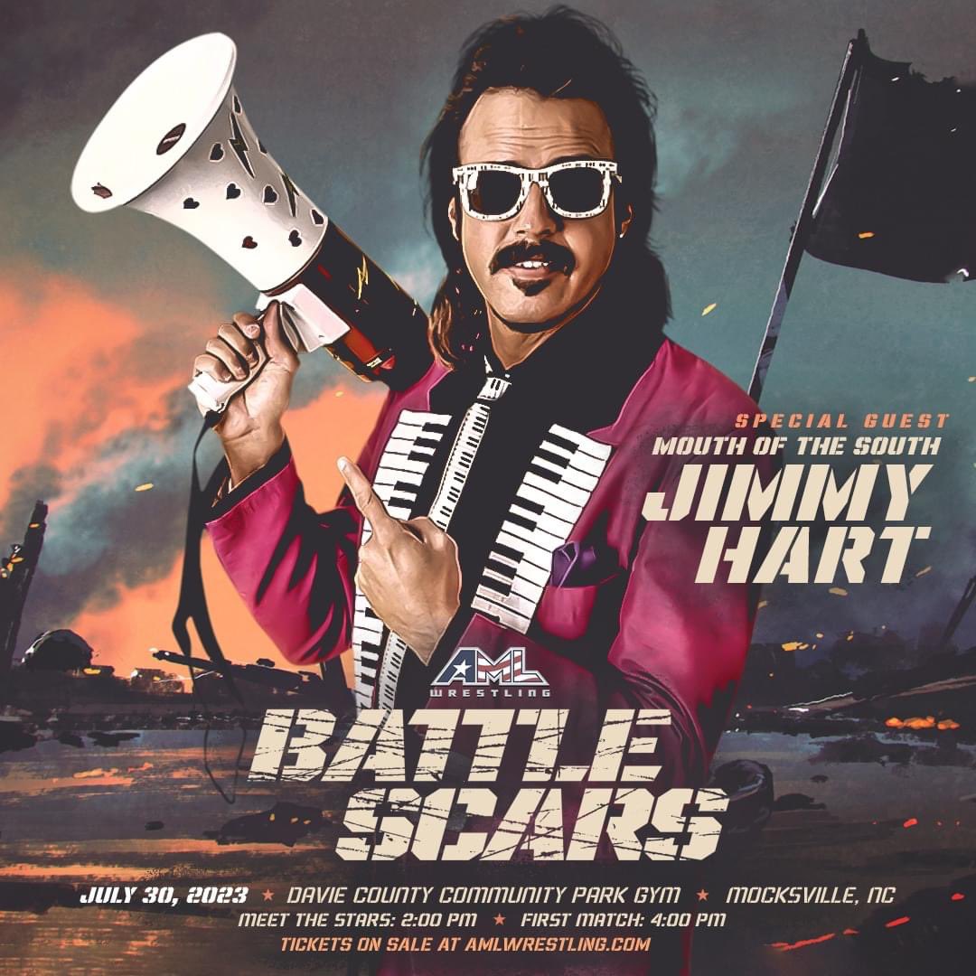 🔥Meet Special Guest Jimmy Hart when AML Wrestling presents Battle Scars 

Featuring the stars of AML Wrestling

7/30/23
#Mocksville, NC 

Meet Stars at 2pm
TV Taping at 4pm

🎟 on sale NOW
amlwrestling.com/tickets