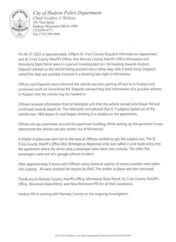 HudsonWIPoliceDept on Twitter "Hudson PD press release of Aspen Dr Event."