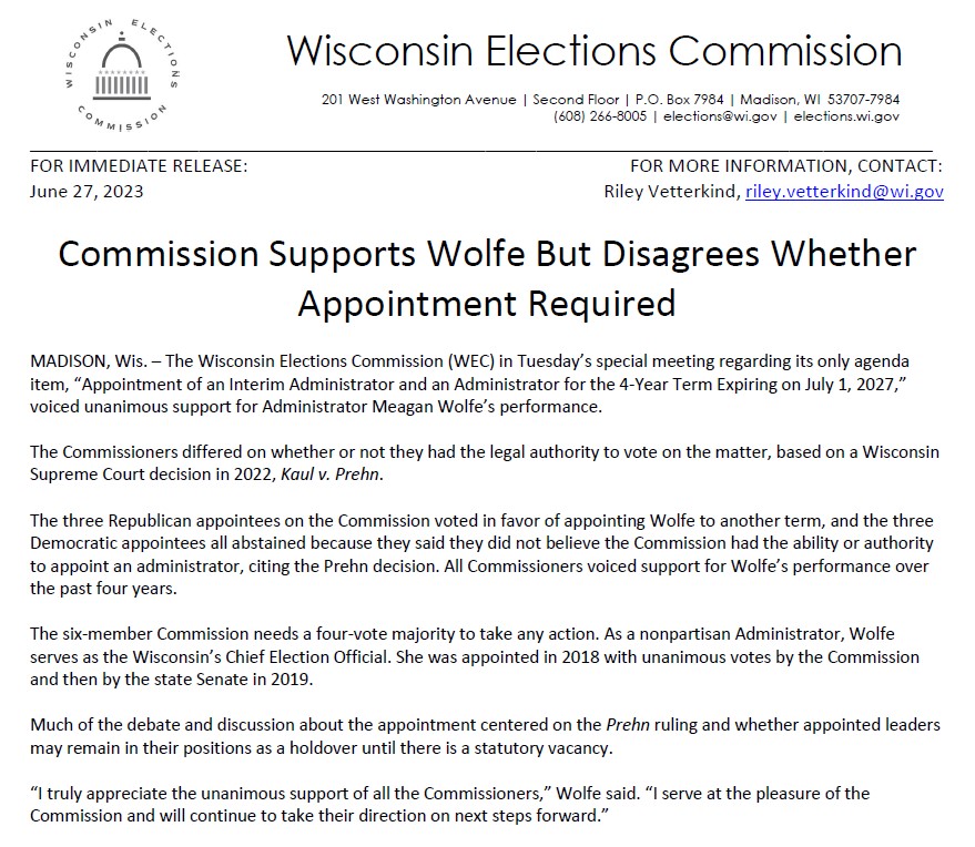 Wisconsin Elections Commission Administrator Meagan Wolfe issued the below press release to members of the media concerning today's special meeting. elections.wi.gov/news/commissio…