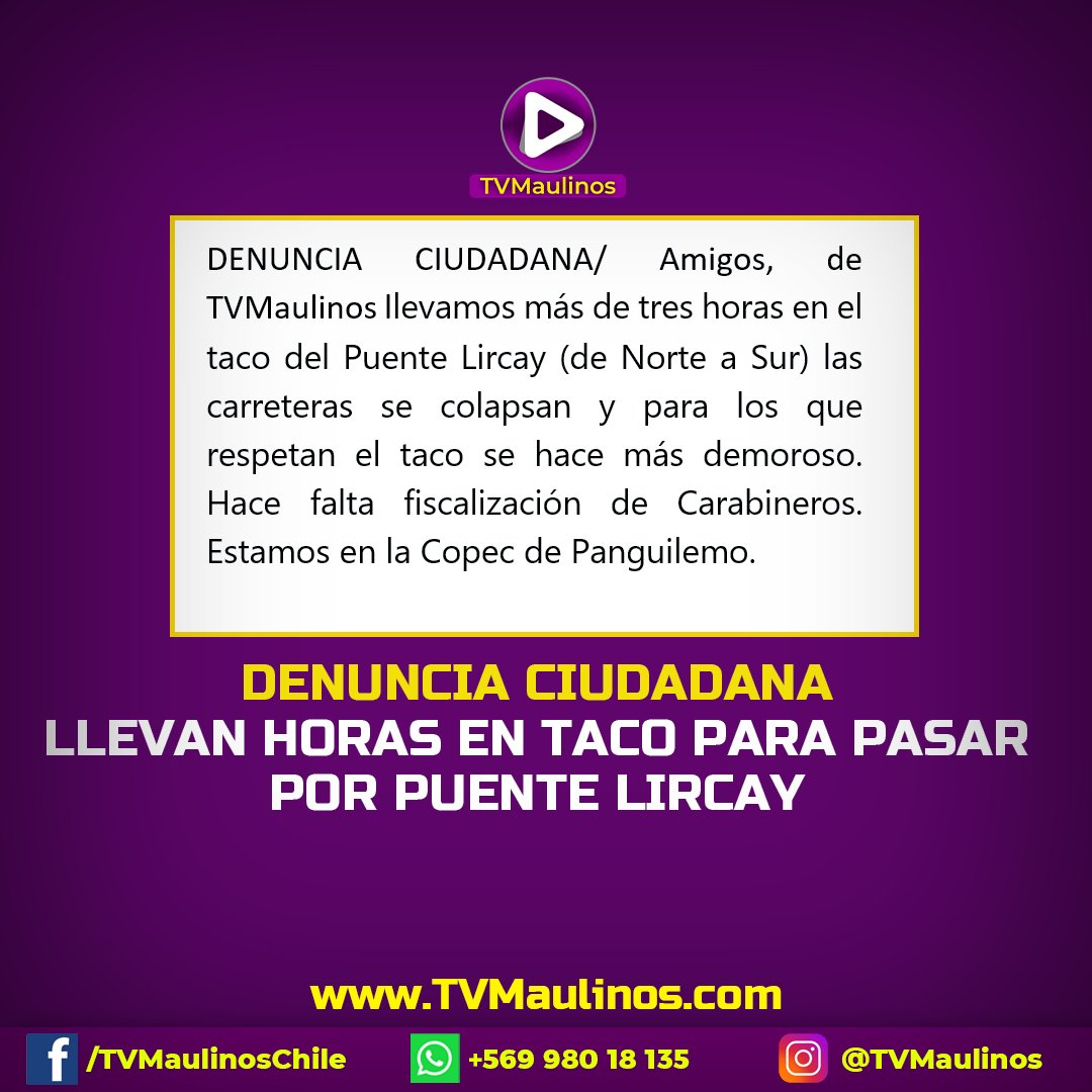TVMaulinos_'s tweet photo. DENUNCIA CIUDADANA/ Llevan horas en taco para pasar por puente Lircay en Talca, por ruta 5 Sur. https://t.co/Zxq4J3utYs