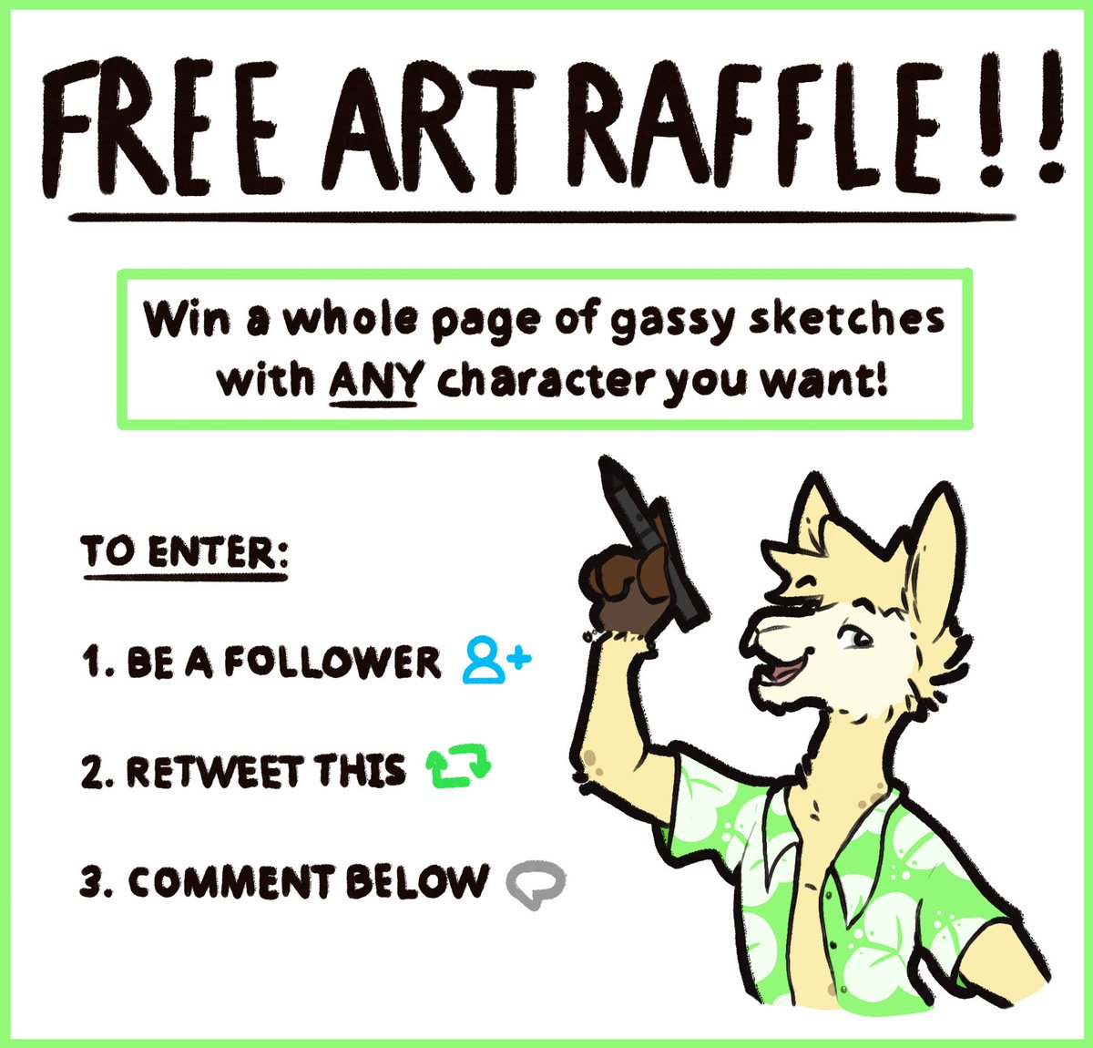 Okay guys, in celebration of 3,000 followers, I'm doing an art raffle! Check out the rules below. One winner will get a page of 5 - 6 random smelly sketches of a character of their choice! Good luck! #fartfetish #furryfart #fartart