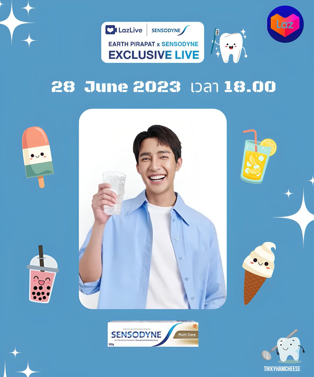 tikkyhamcheese's tweet photo. 📢 วันมีนัดกับพี่เอิร์ท 💙🤎🌏

🦷 EarthXSensodyne 
🗓️ 28 June 2023
⏰ 18.00 น.
🎞️  LazLive | Lazada App

เย็นนี้พรีเซนเตอร์สุดหล่อจะมาแชร์ประสบการณ์เกี่ยวกับฟัน🦷และบอกต่อสิ่งดีดี โปรโมชั่นเด็ดๆ ✨
เตรียมช้อปกันห้ามพลาดน๊า
#EarthPirapat
#เอิร์ทมิกซ์ #EarthMix
#SensodynexTheEarth https://t.co/dS95CCUOxu