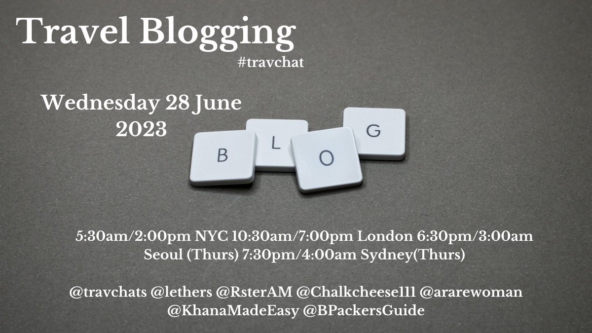 Shoutout to new followers @Alberotanza @ChattyNft6 @RoamingSoul98 @edit_shay @CreationsTravel @ChikCrypto1 @Govindansr48289 @wping98 @adam_anton63436 @meanderingmeggg 
Join us each Wednesday for #travchat the friendliest travel chat on Twitter.
Today we're talking Travel Blogging