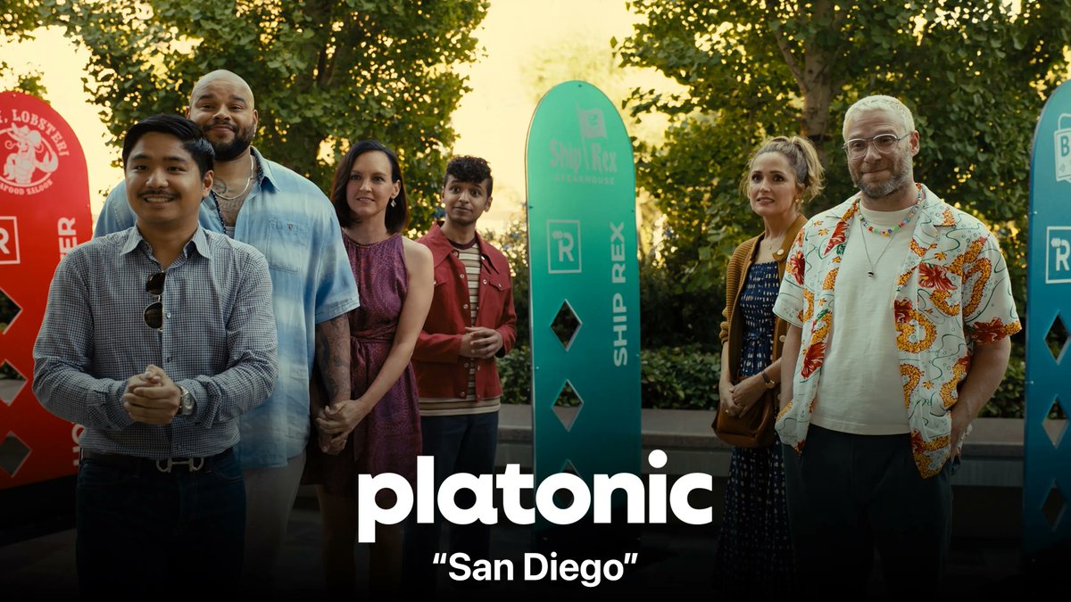A new episode of #Platonic is out now on #AppleTVPlus.

“San Diego” (S1, E8)

The comedy series stars #RoseByrne, #SethRogen, #LukeMacfarlane, #TreHale, #CarlaGallo, #AndrewLopez & more.