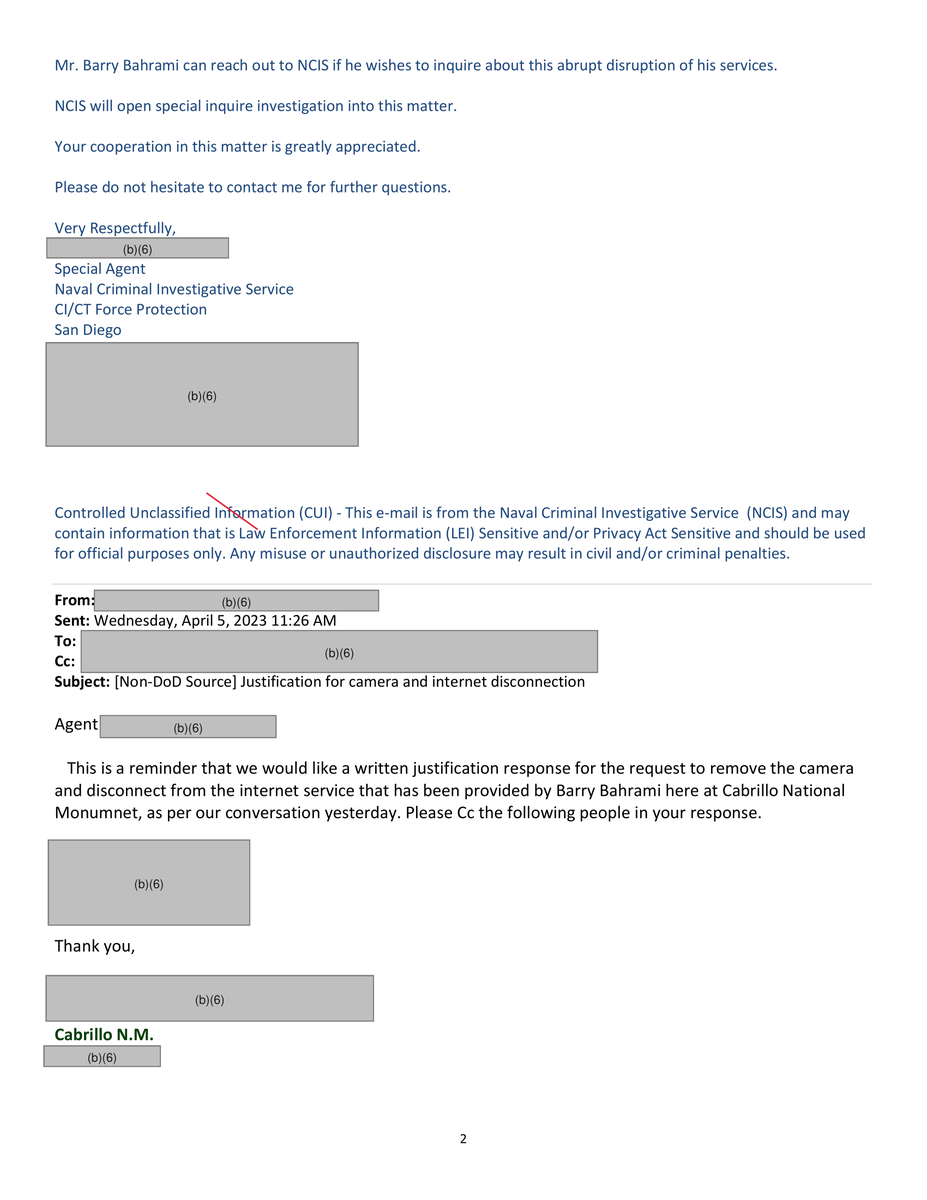 First #FOIA request back from the #USNavy about the @RealNCIS request to @NatlParkService to shut down the web cams at @CABRILLONPS, which had been there for about 10 years.

As expected, it is complete bologna.  NCIS tells NPS they received 'multiple anonymous tips' since late…