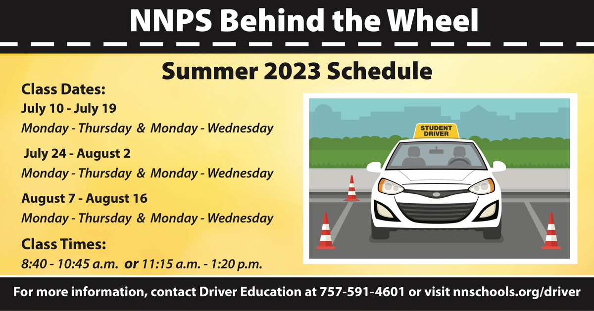 There are still spots available for Driver Education In-Vehicle Instruction classes this summer! Register today by calling 757-591-4601 or visit nnschools.org/driver to learn more 🚗