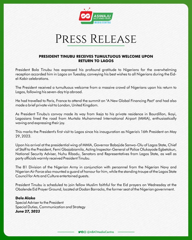 Press Release as President Tinubu Receives Tumultuous Welcome upon return to Lagos.

#PBATinlagos