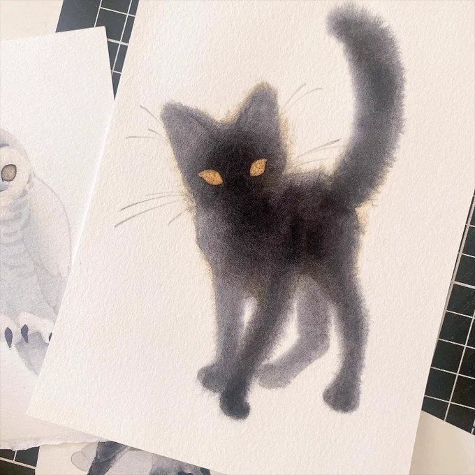 Some witch's familiars for the sake of doing small paintings (the ink I used is based on shaggy cap mushroom!)