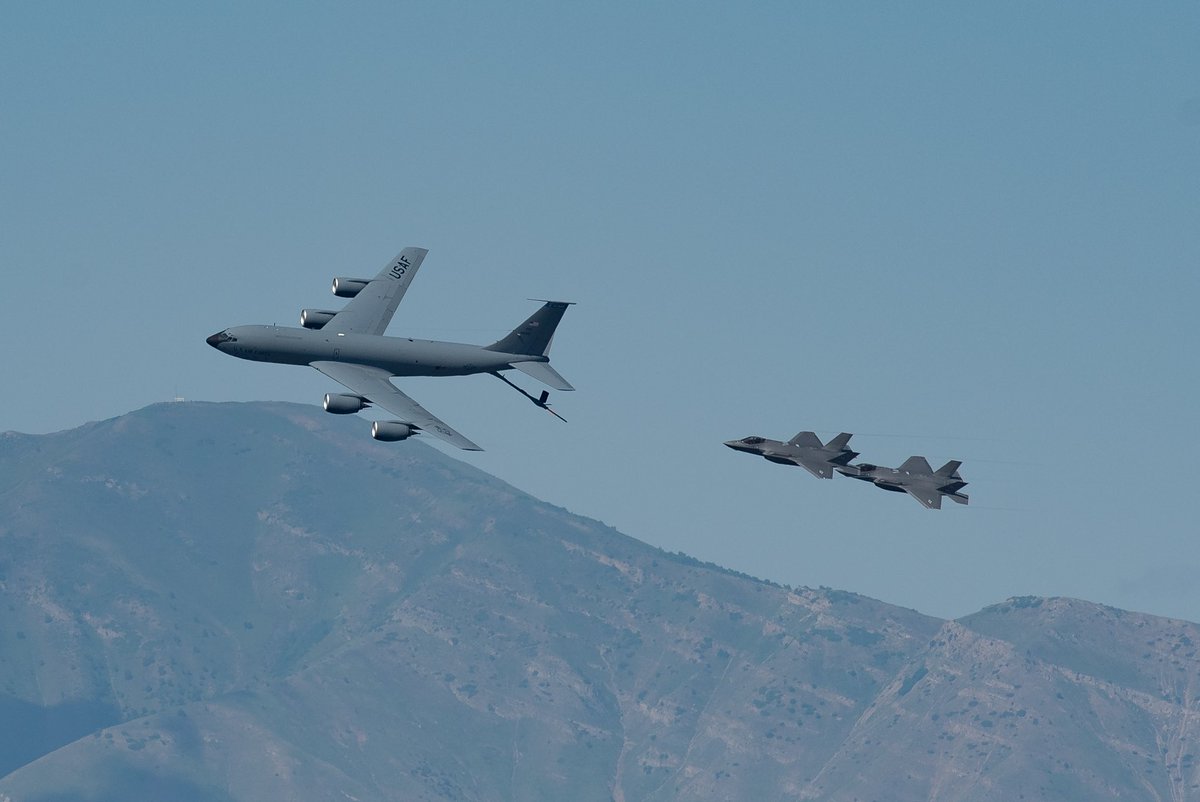 TANKER16 and 2 F-35s doing a flyover of Salt Lake City for the 100th anniversary of aerial refueling