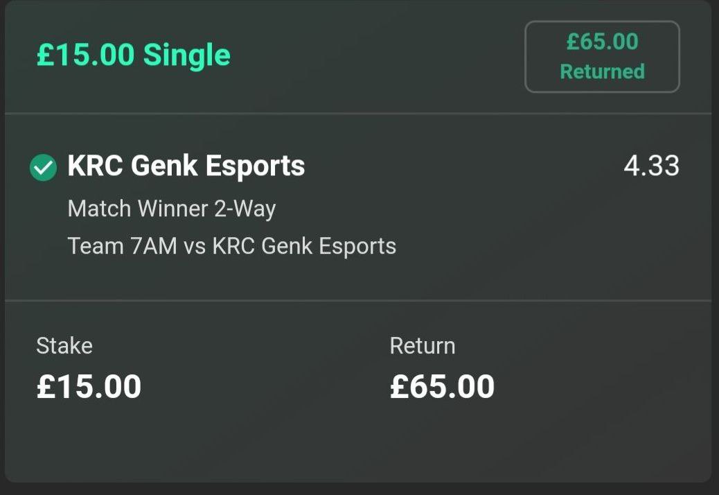 4.33 winner for PAYG eSports members as KRC Genk Esports beat Team 7AM ✅

June now +59.18u in profit 

No monthly fee, just commission based group. All bets on Bet365. DM to join 🍻