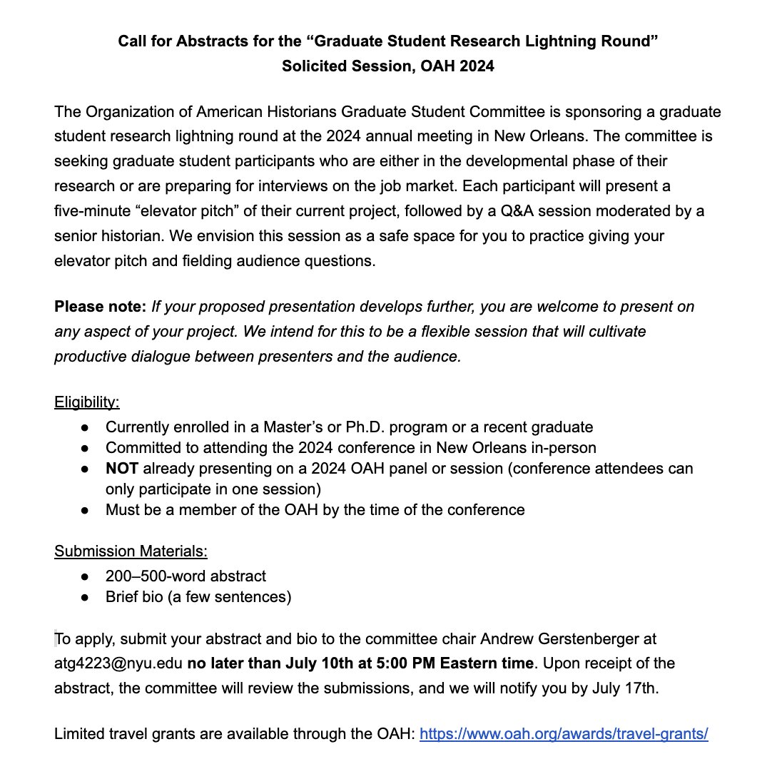 Want to present at #OAH2024 but missed the proposal deadline? Participate in the OAH Grad Student lightning round 'elevator pitch' session! Short abstracts are due by July 10th. Submission info below: